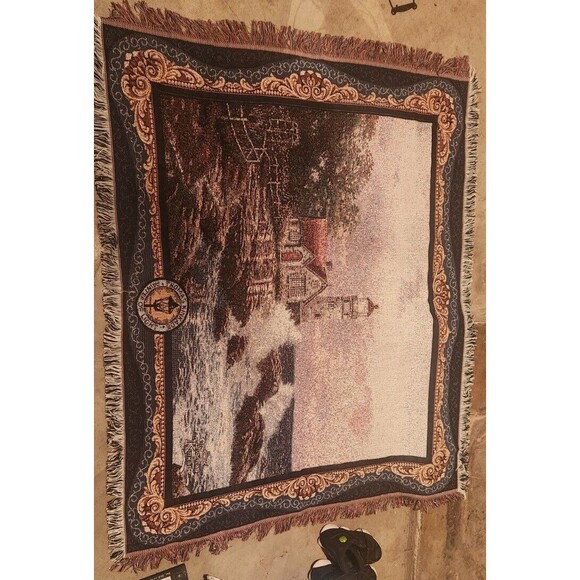 THOMAS KINKADE PAINTER OF LIGHT AFGHAN TAPESTRY THROW 50X62''LIGHTHOUSE OCEAN - Picture 1 of 3